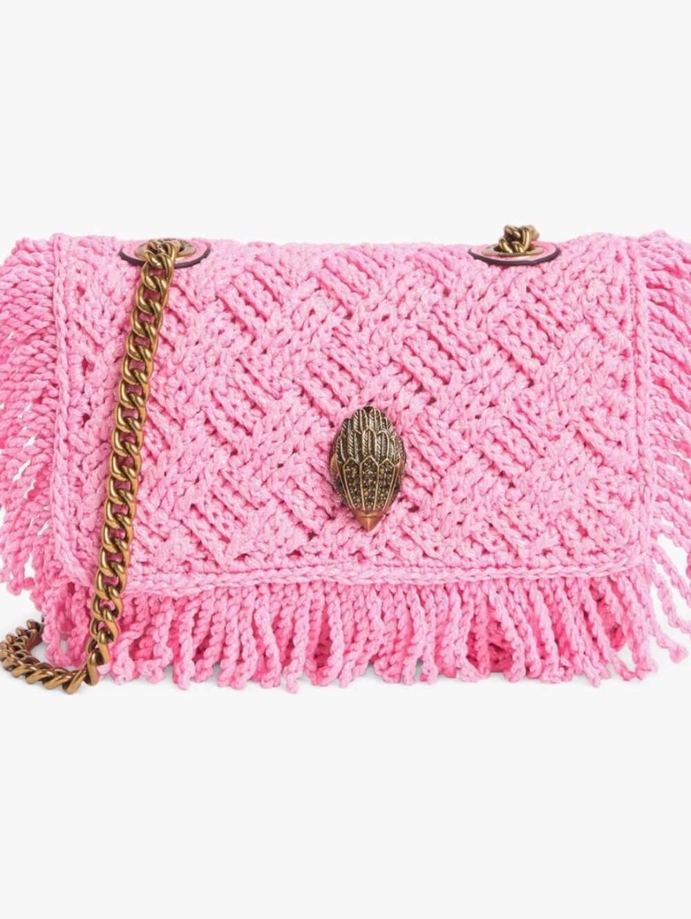Pink Woven Fringe Shoulder Bag with Chain Strap